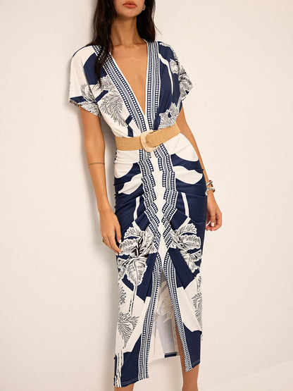 Robe midi imprimée à décolleté plongeant en V sans ceinture