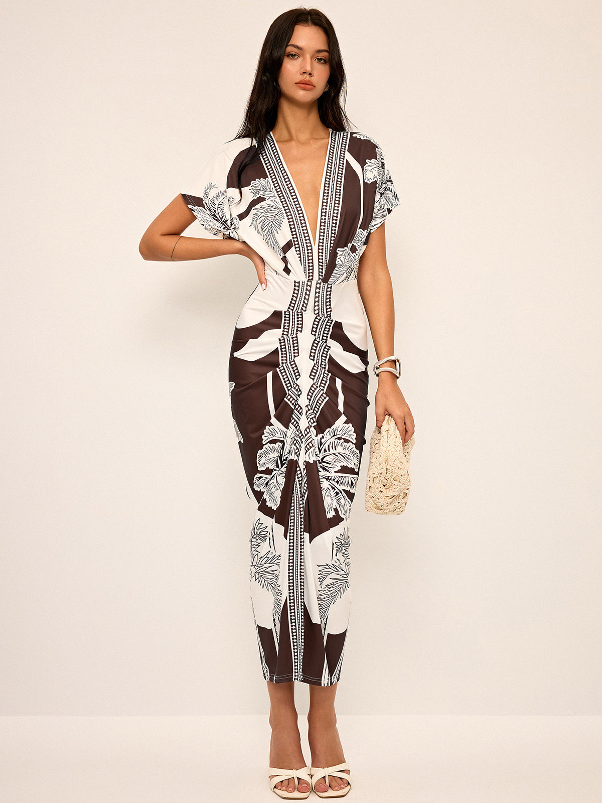 Robe midi imprimée à décolleté plongeant en V sans ceinture