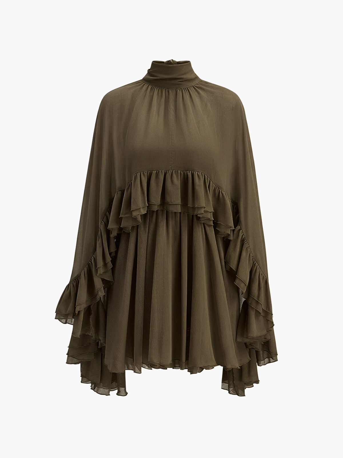 Robe à volants en mousseline semi-transparente avec cape extérieure