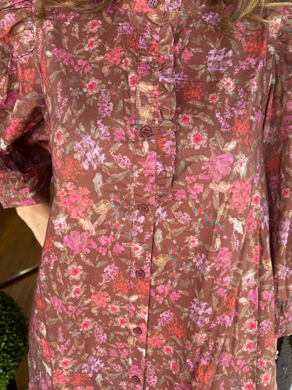 Robe florale d'automne à manches bouffantes pour femme