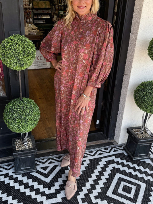 Robe florale d'automne à manches bouffantes pour femme
