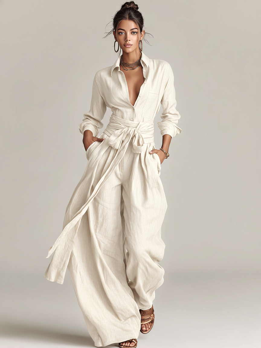 Combinaison élégante pour femme en coton‑lin tissé marron, à manches longues, col chemise et ceinture