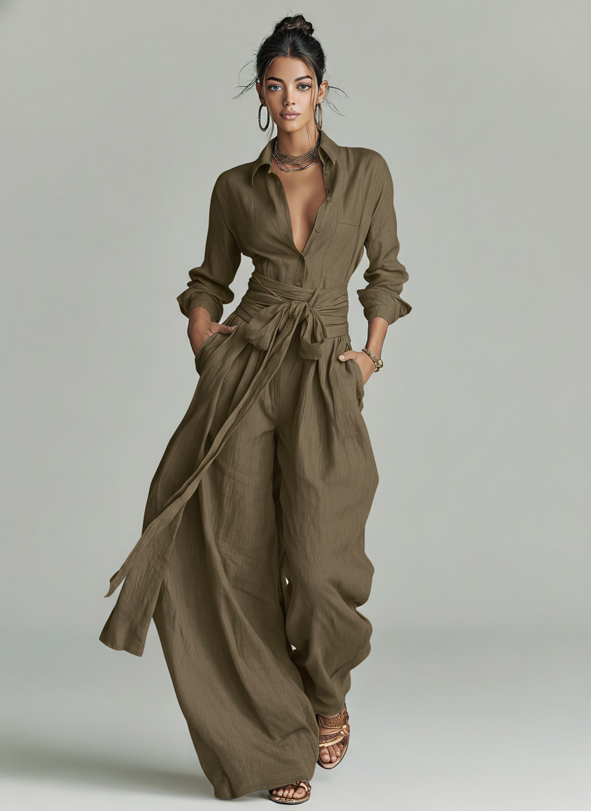 Combinaison élégante pour femme en coton‑lin tissé marron, à manches longues, col chemise et ceinture