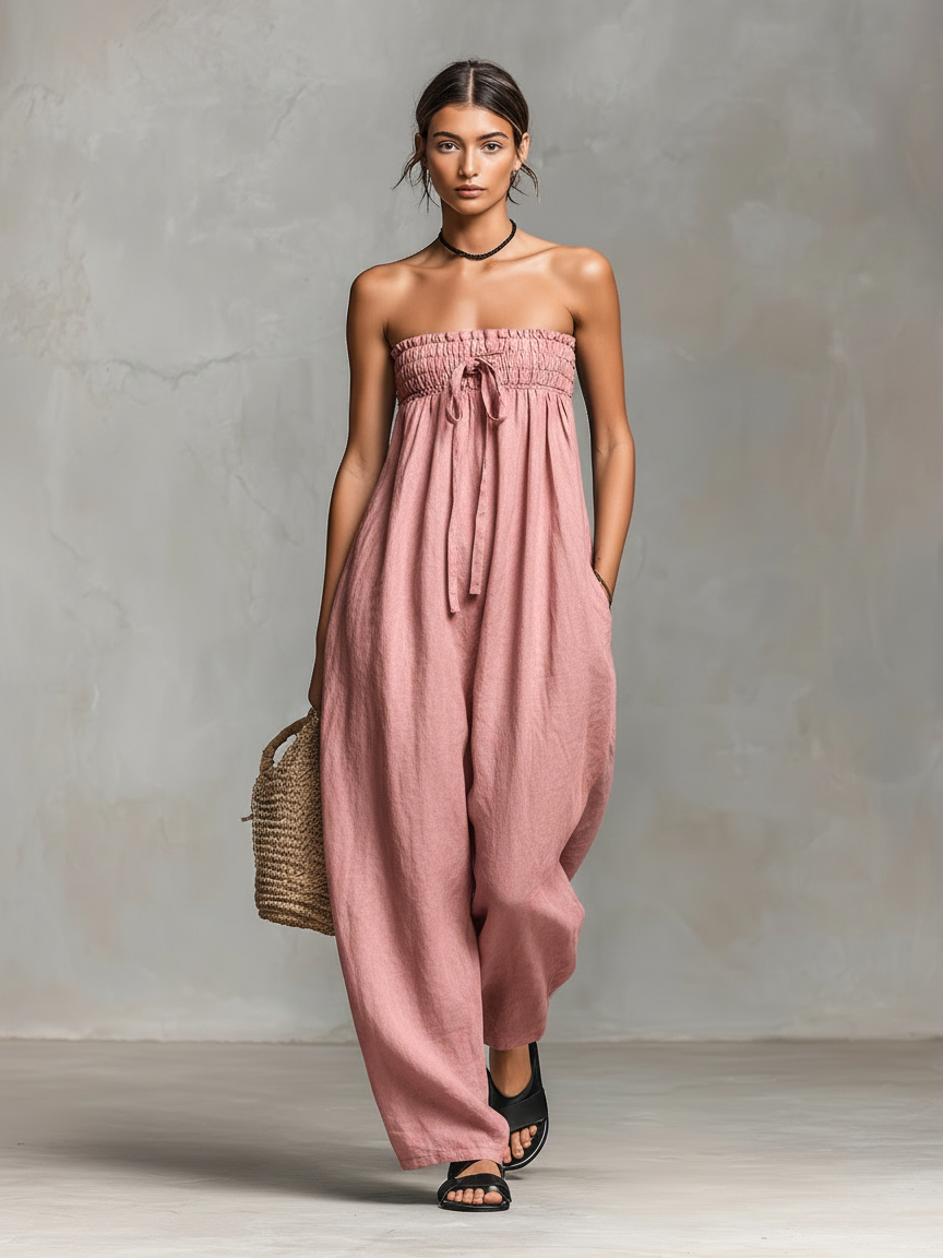 Combinaison sans bretelles pour femme, minimaliste, ample, en mélange de lin, avec fermeture à nouer