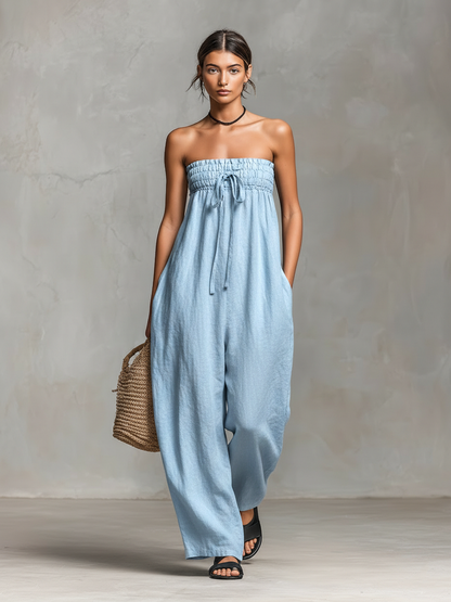 Combinaison sans bretelles pour femme, minimaliste, ample, en mélange de lin, avec fermeture à nouer