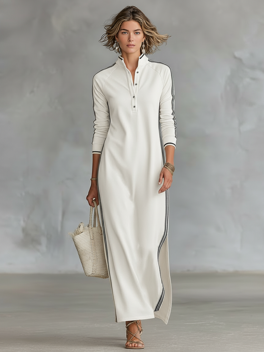 Robe sweat maxi minimaliste à col boutonné avec finitions blanches
