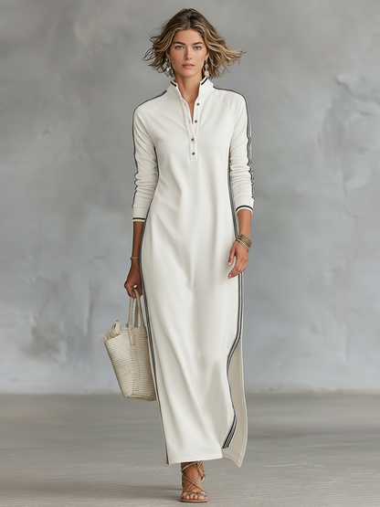 Robe sweat maxi minimaliste à col boutonné avec finitions blanches