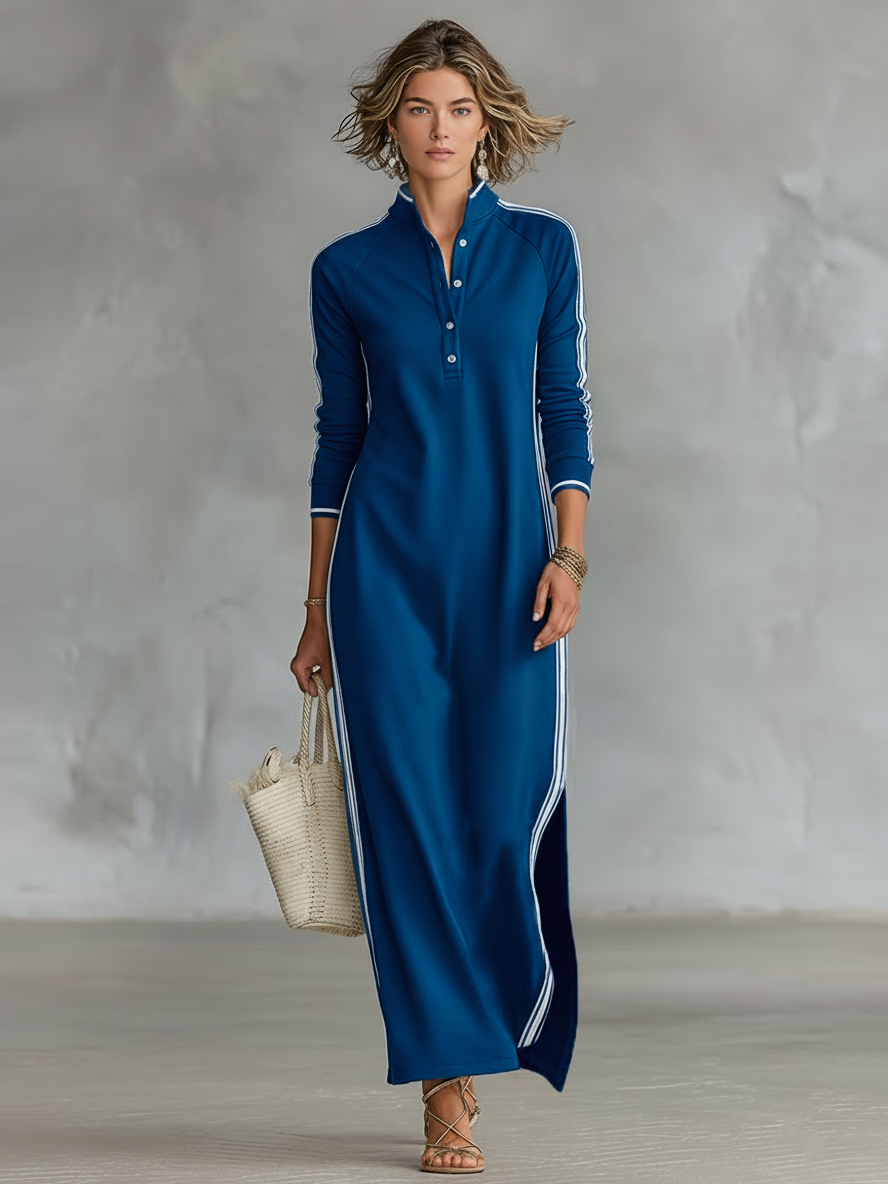 Robe sweat maxi minimaliste à col boutonné avec finitions blanches