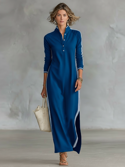 Robe sweat maxi minimaliste à col boutonné avec finitions blanches