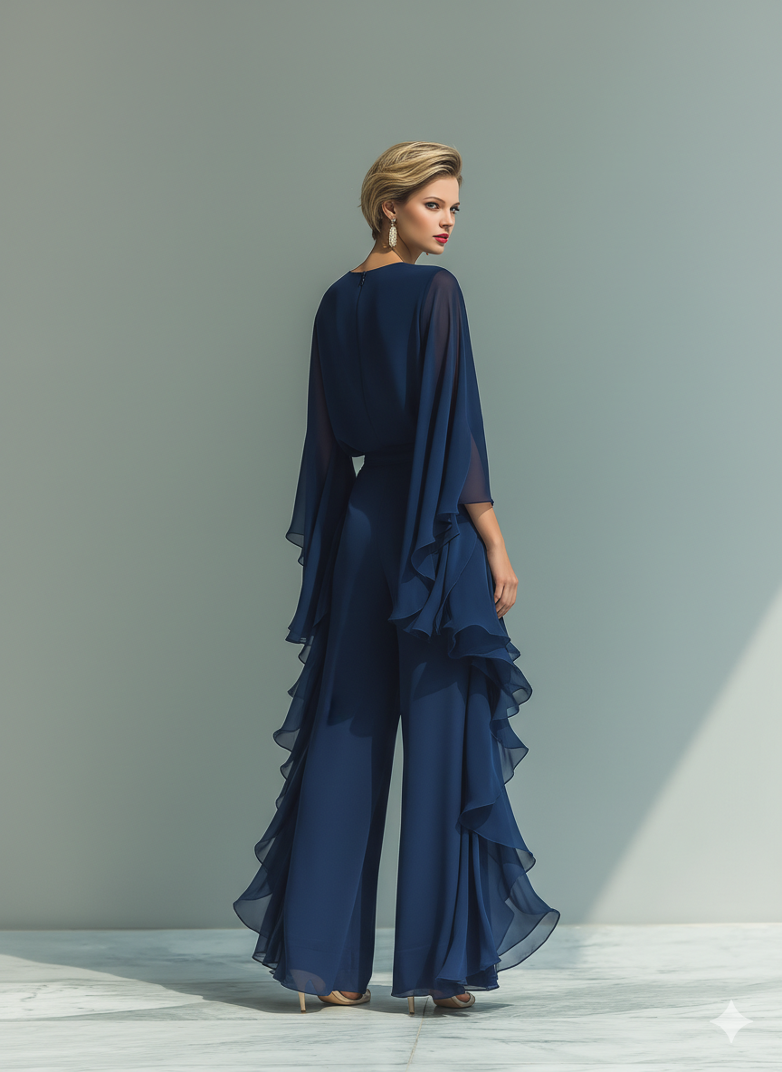 Ensemble pour femme composé d'un haut en mousseline bleu marine à manches évasées et d'un pantalon droit avec des détails à volants