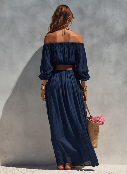 Women's Casual Dark Blue Cotton Linen Strapless Long-sleeved Dress (belt Not Included)