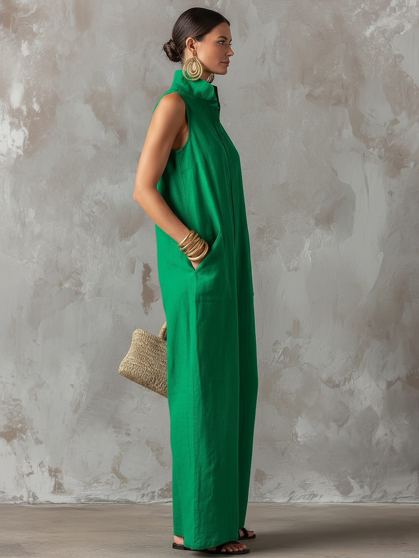 Combinaison Femme Minimaliste Ample en Lin Mélangé — Col Montant, Sans Manches, Boutonnage Simple