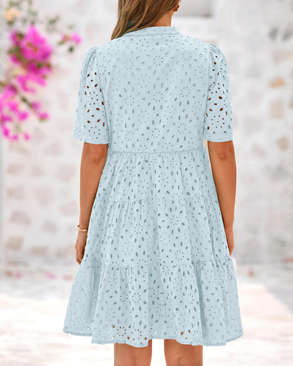 Robes d'été à col en V, manches courtes, dentelle ajourée et volants pour femmes