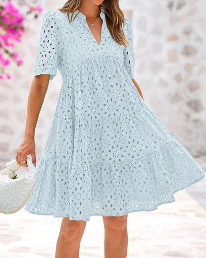 Robes d'été à col en V, manches courtes, dentelle ajourée et volants pour femmes