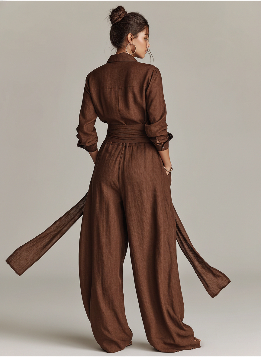 Combinaison élégante pour femme en coton‑lin tissé marron, à manches longues, col chemise et ceinture