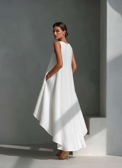 Robe midi sans manches en lin blanc pour femme à col rond