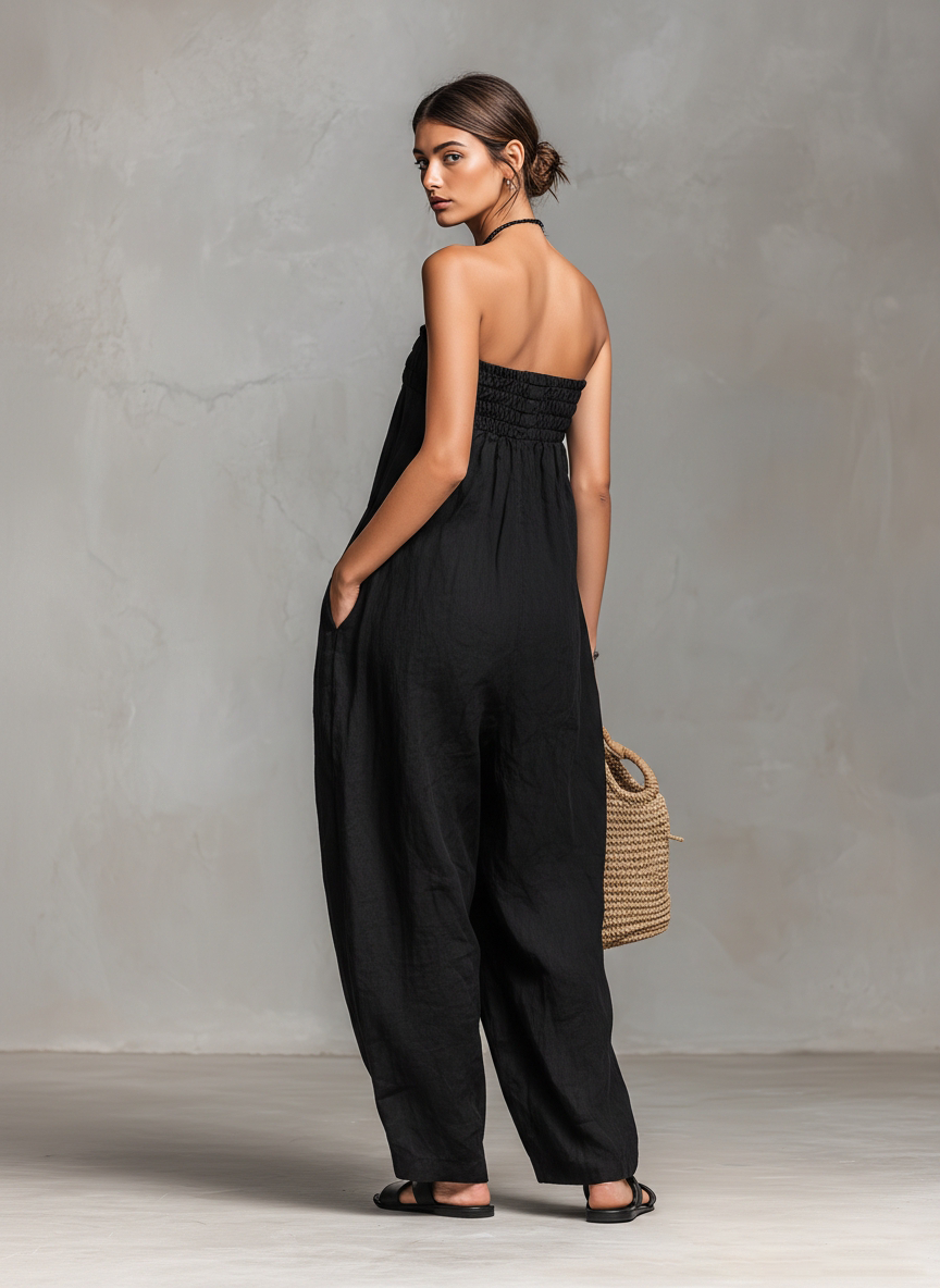 Combinaison sans bretelles pour femme, minimaliste, ample, en mélange de lin, avec fermeture à nouer