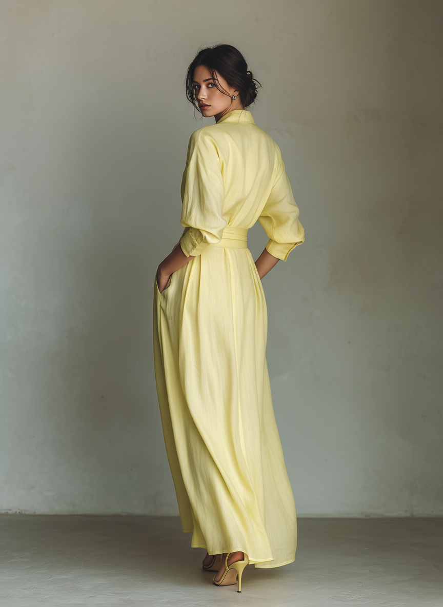 Robe‑chemise longue femme en mélange coton‑lin jaune citron, à taille nouée et manches mi‑longues