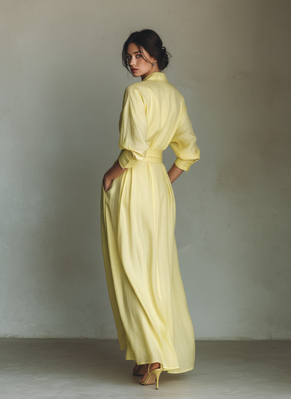 Robe‑chemise longue femme en mélange coton‑lin jaune citron, à taille nouée et manches mi‑longues