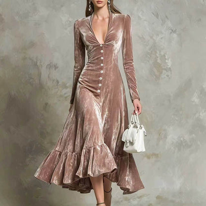 Robe midi en velours boutonnée sur le devant