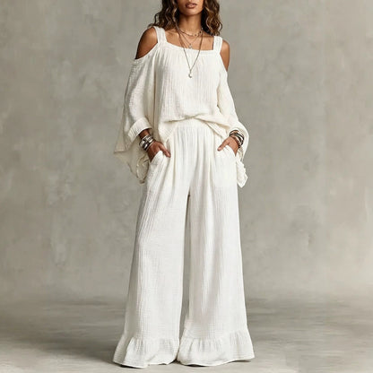 Women Solid Textured Cold Shoulder Batwing Top Elastic Waist Ruffle Wide Leg Pants Matching Set