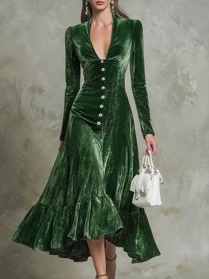 Robe midi en velours boutonnée sur le devant