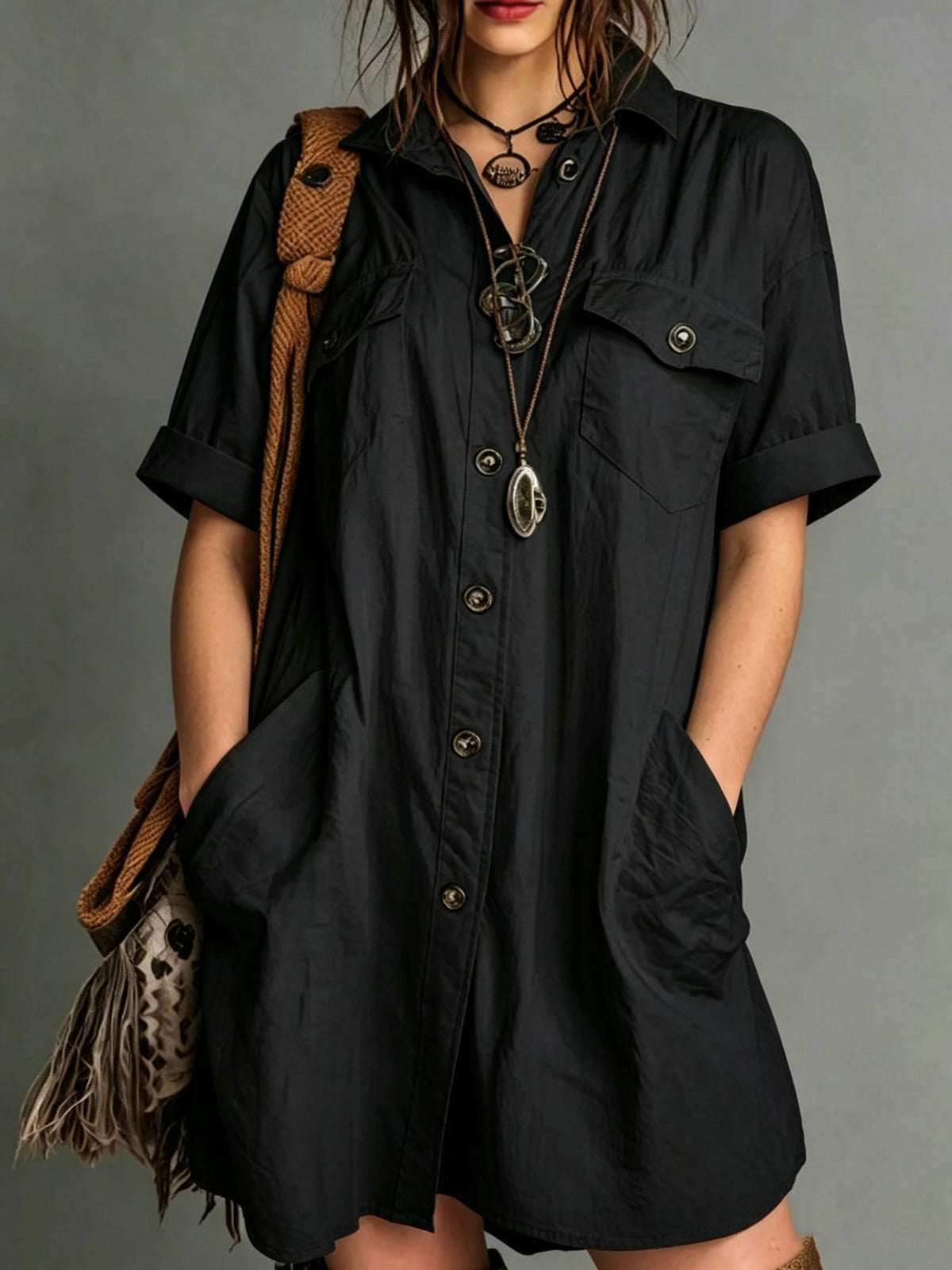 Oversized Short Sleeve Button Down Shirt Mini Dress with Pockets