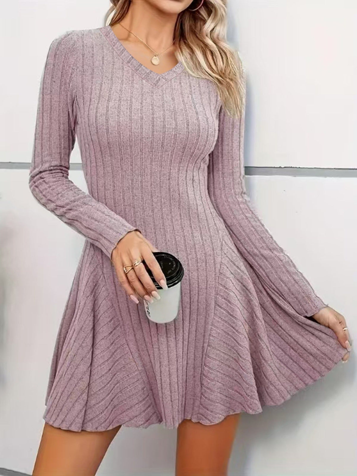 Ribbed Knit V‑Neck Long‑Sleeve Flared Mini Dress - pale lotus‑root pink / S