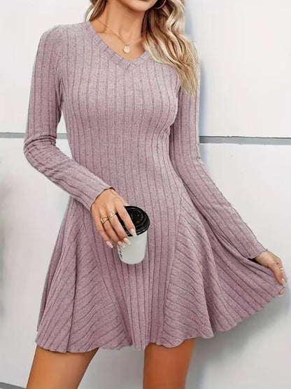 Ribbed Knit V‑Neck Long‑Sleeve Flared Mini Dress - pale lotus‑root pink / S