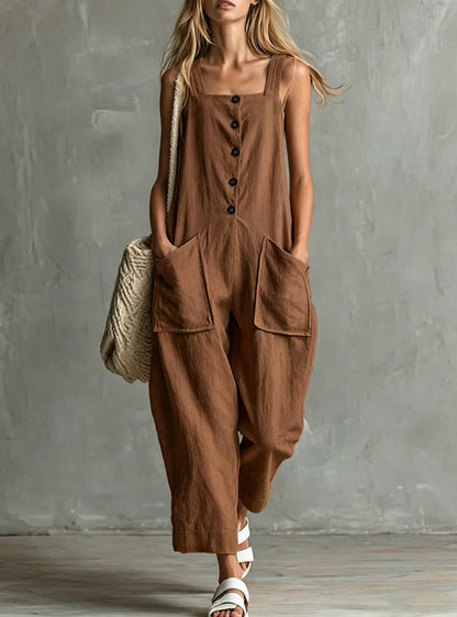 Loose Linen Square Neck Sleeveless Pocket Jumpsuit Casual Overall