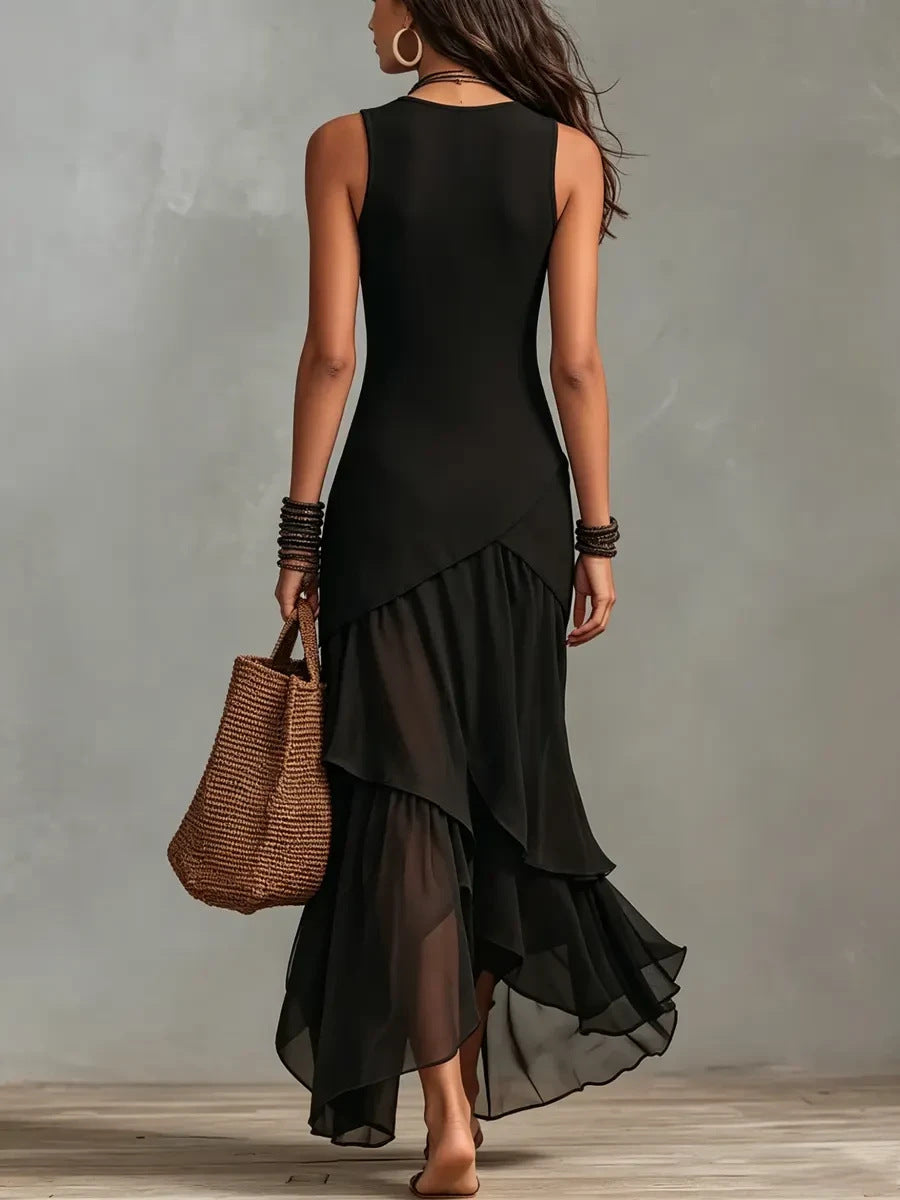Robe longue sans manches asymétrique en mousseline étagée