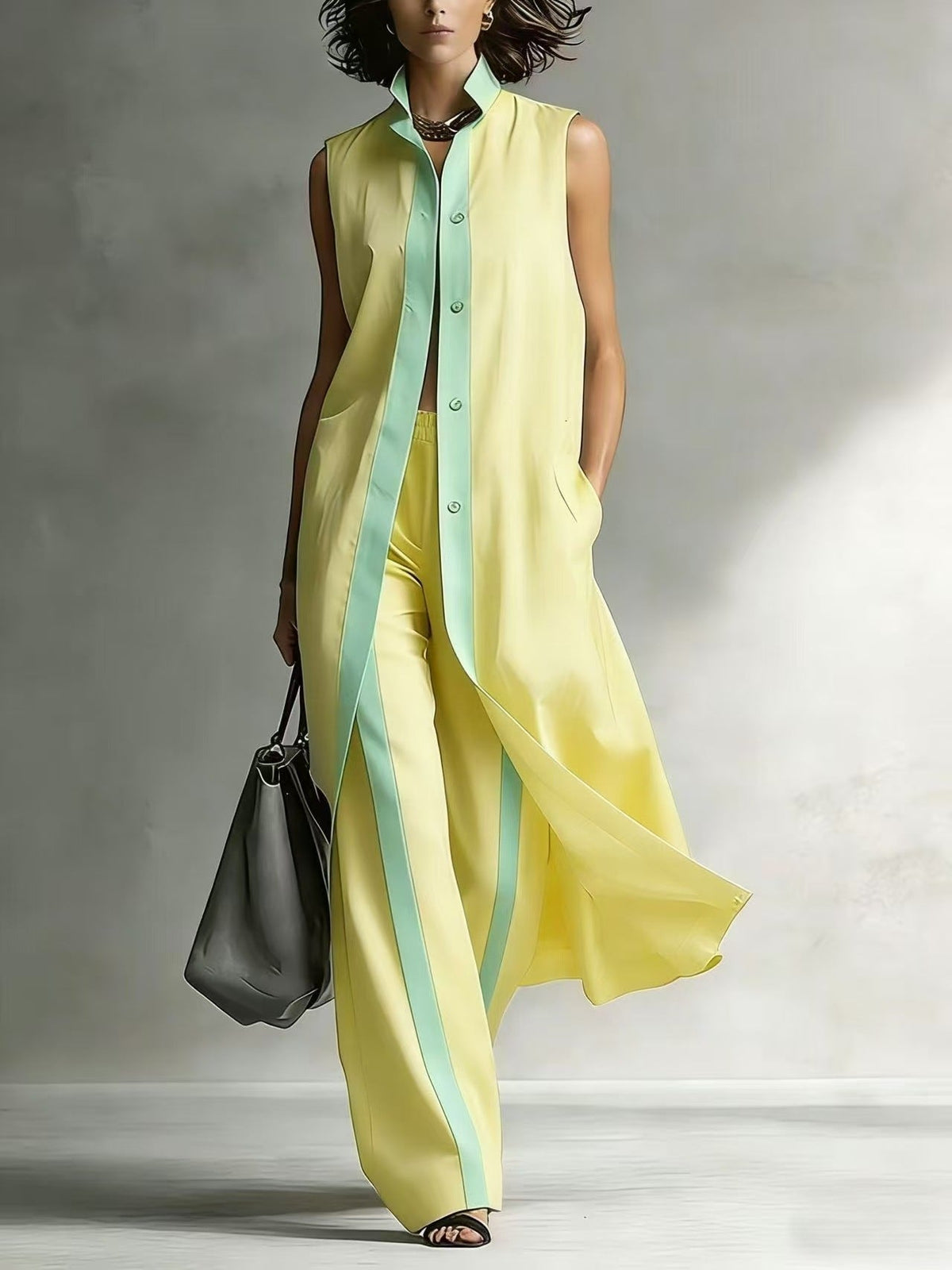 Contrast Sleeveless Tunic & Wide-Leg Pants Set Modern Sophistication, Effortless Tailored Style