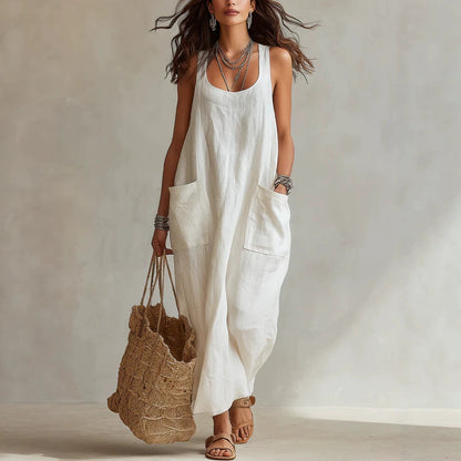 U-Neck Sleeveless Loose Pocket Maxi Dress, Casual Flowy Long Dress