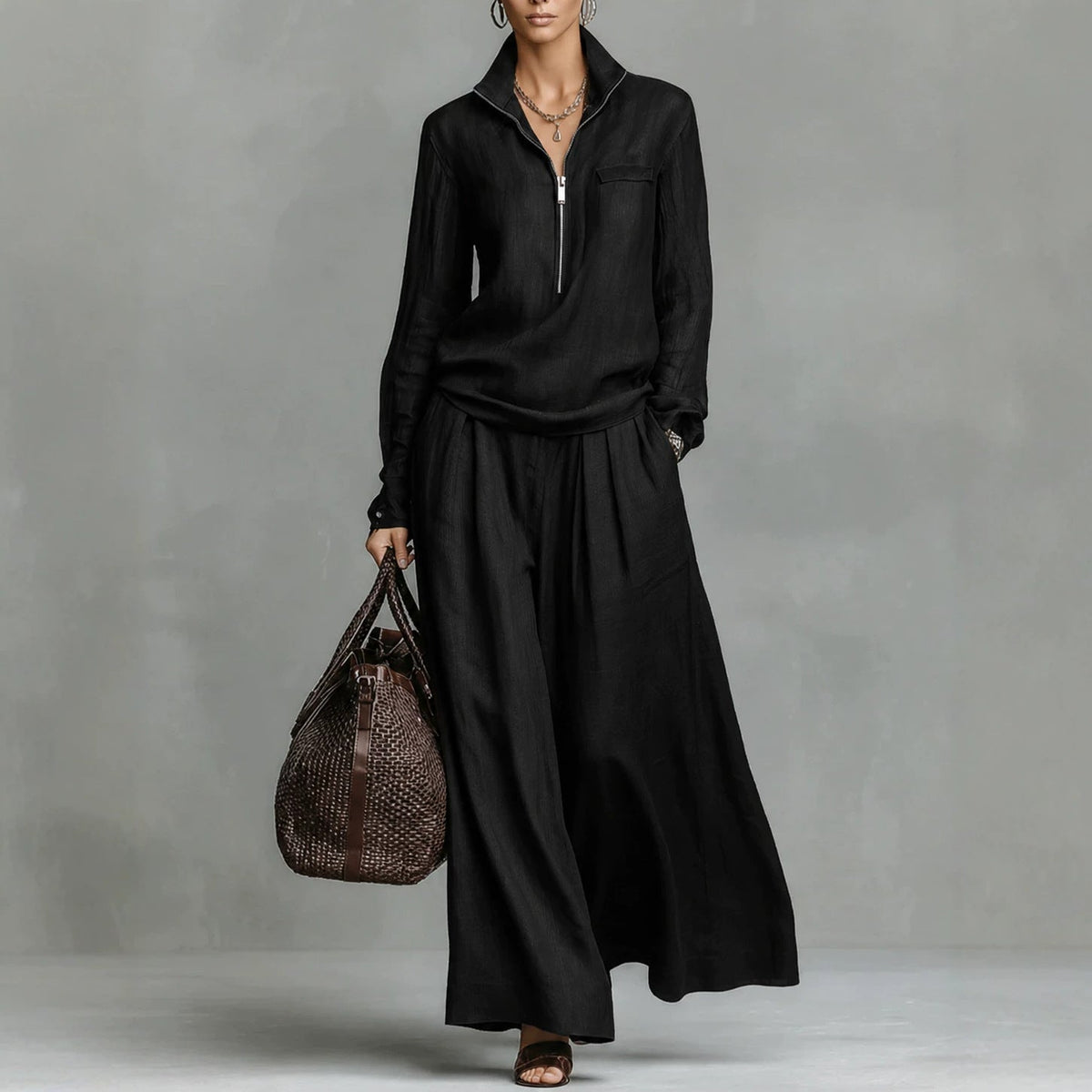 Ensemble deux pièces en lin pour femme : haut demi-zippé et pantalon large – Tenue décontractée coordonnée