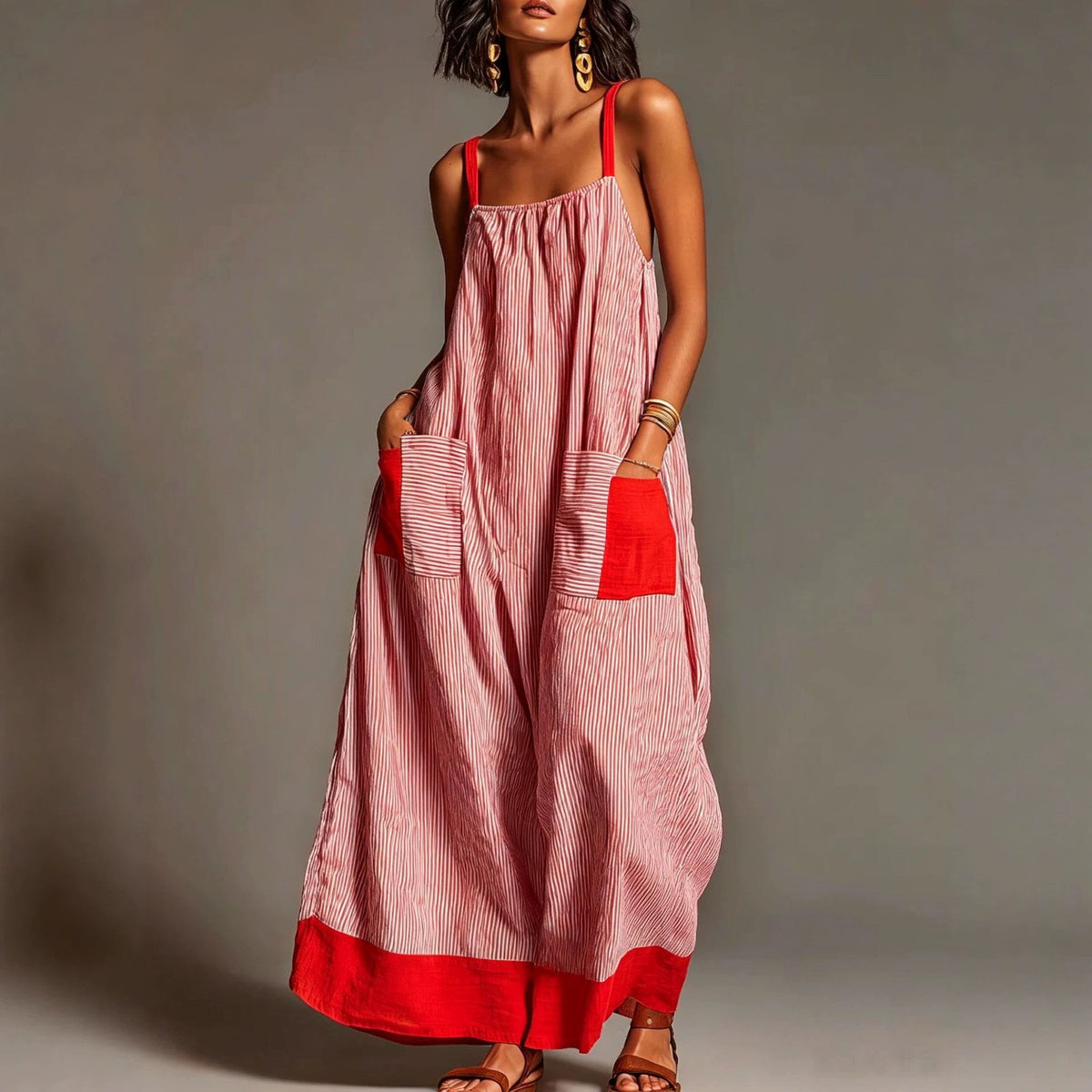 Women's Vacation Linen-Cotton Striped Color Block Spaghetti Strap Maxi Dress with Pockets