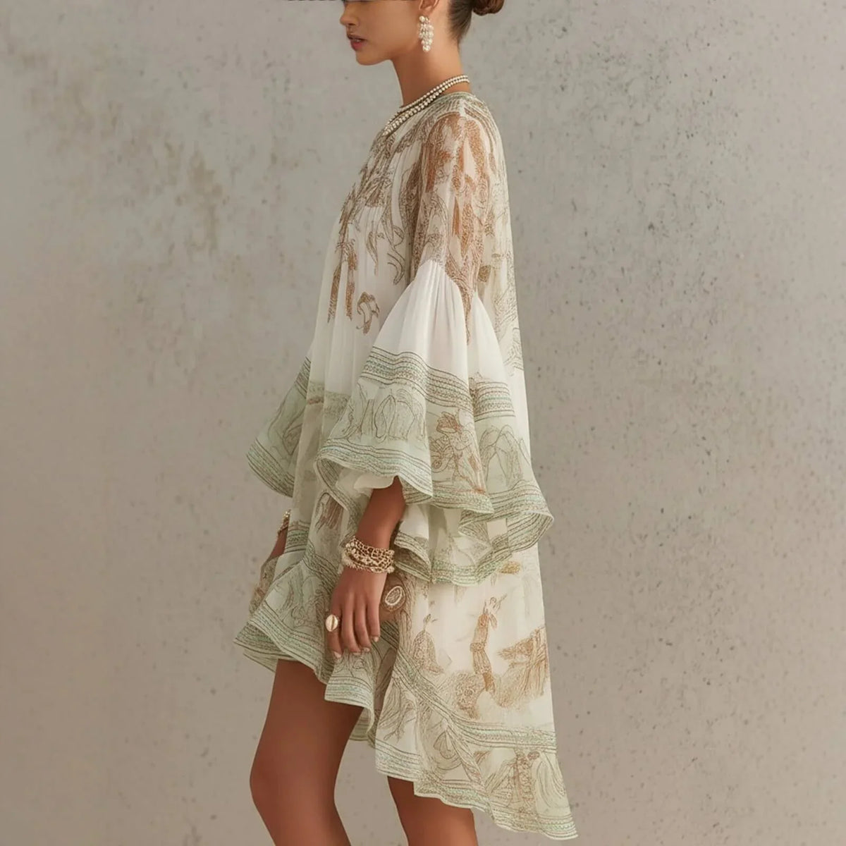 Boho Printed Ruffled Flare Sleeve Stretchy Polyester Womens Mini Dress