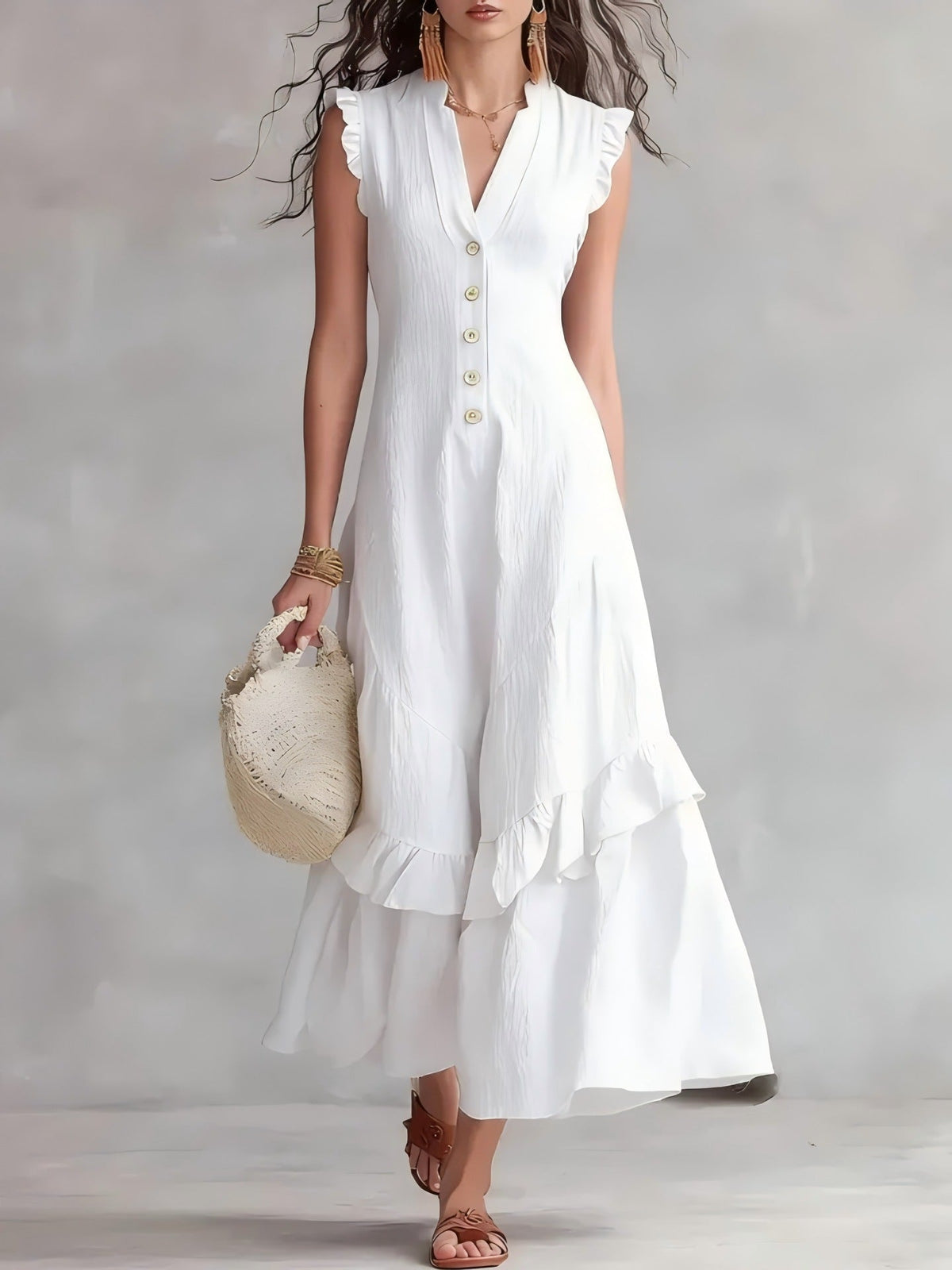 Robe longue sans manches à volants à col V