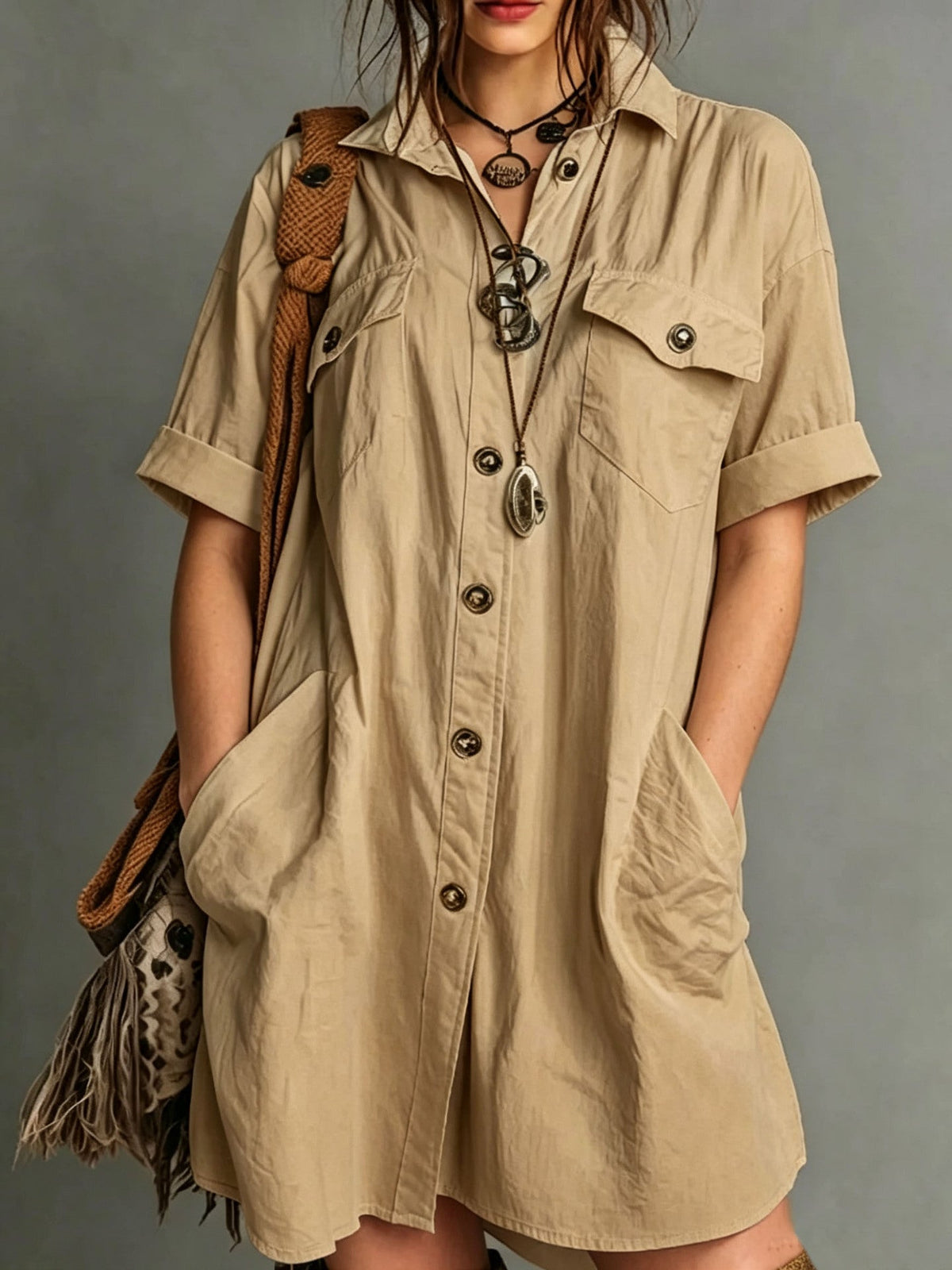 Oversized Short Sleeve Button Down Shirt Mini Dress with Pockets