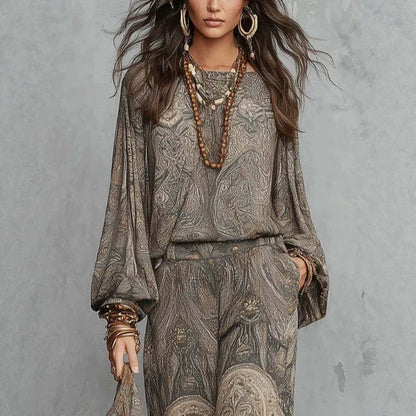 Vintage Paisley Print Long Sleeve Blouse & High Waist Wide Leg Pants 2 Piece Boho Co-Ord Set