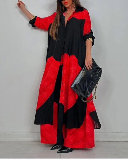 Women’s V-neck Patchwork Top and Pants Casual Set - Black Red / S - Matching Sets