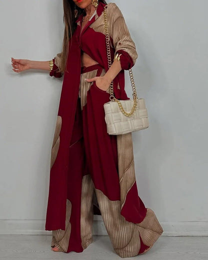 Women’s V-neck Patchwork Top and Pants Casual Set - Burgundy / S - Matching Sets