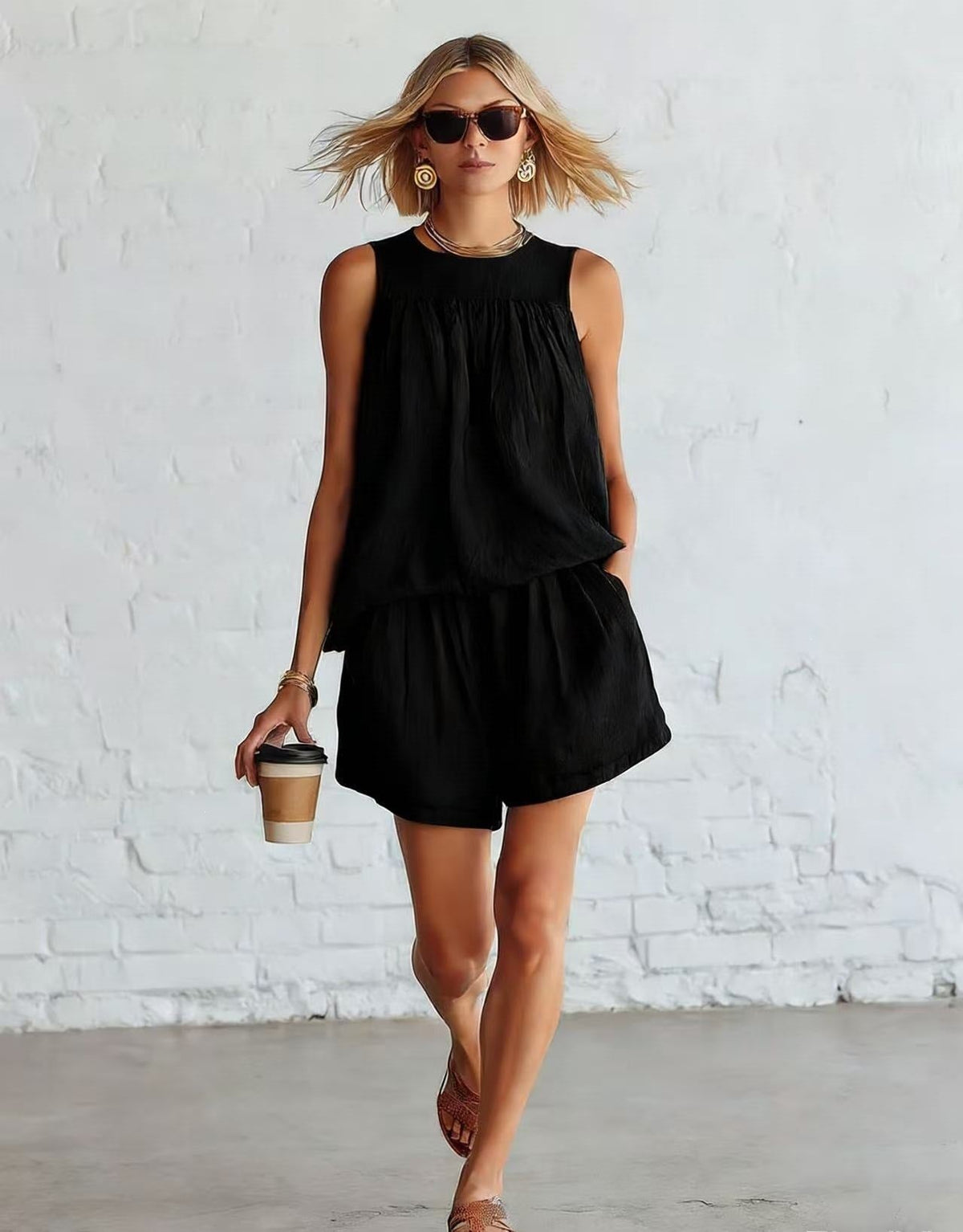 Crinkled Casual Two Piece Short Set