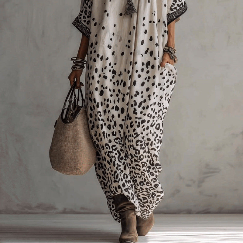 White Gradient Leopard Print Batwing Caftan Maxi Kaftan Dress