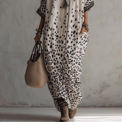 White Gradient Leopard Print Batwing Caftan Maxi Kaftan Dress
