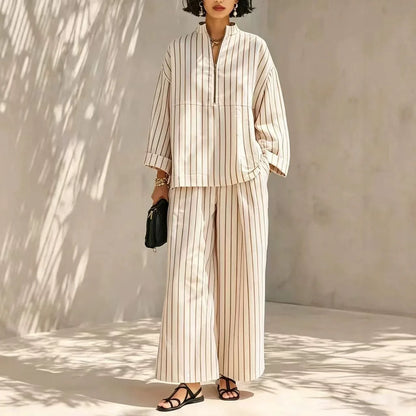 Women's Minimalist Half-Zip Long-Sleeve Top & Wide-Leg Pants Set