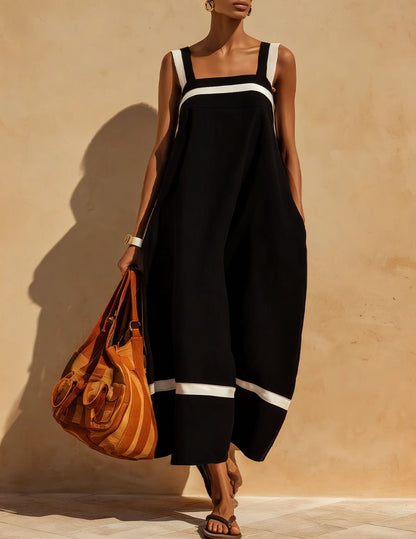 Linen Contrast White Stripe Square Neck Midi Skirt Set