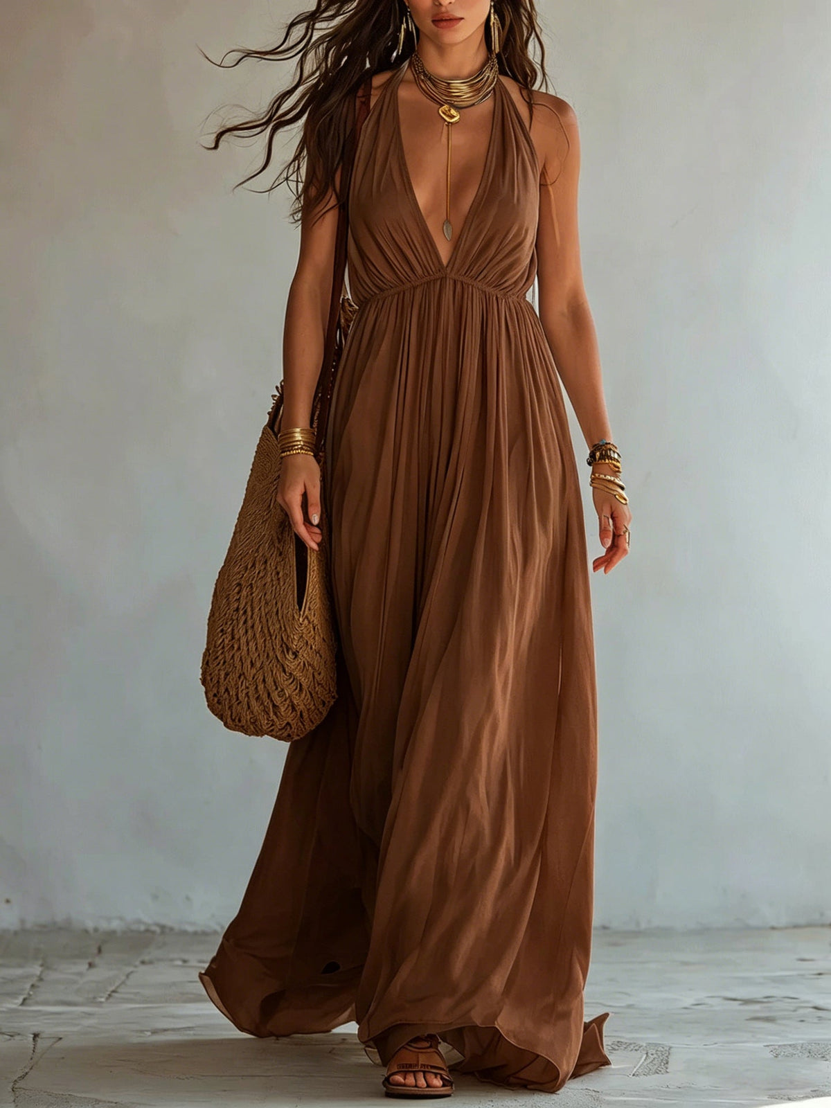 Halter Deep V Gathered Empire Waist Flowy Chiffon Maxi Dress