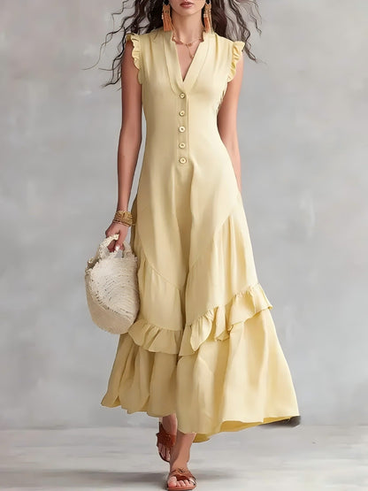 Robe longue sans manches à volants à col V