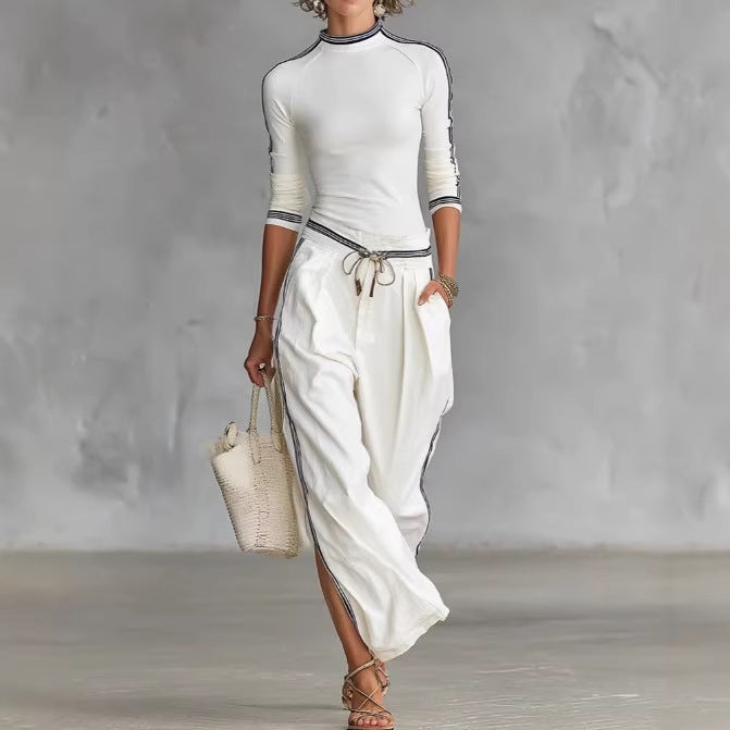 White Contrast Strip Trim Mock Neck 3/4 Sleeve Top