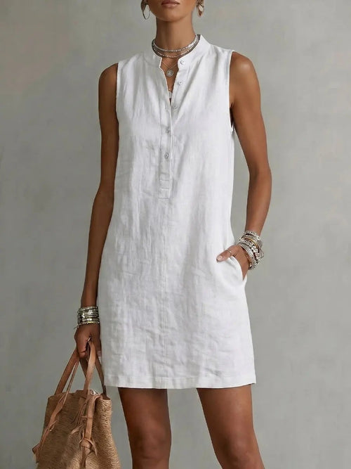 Robe mini en lin sans manches à boutons